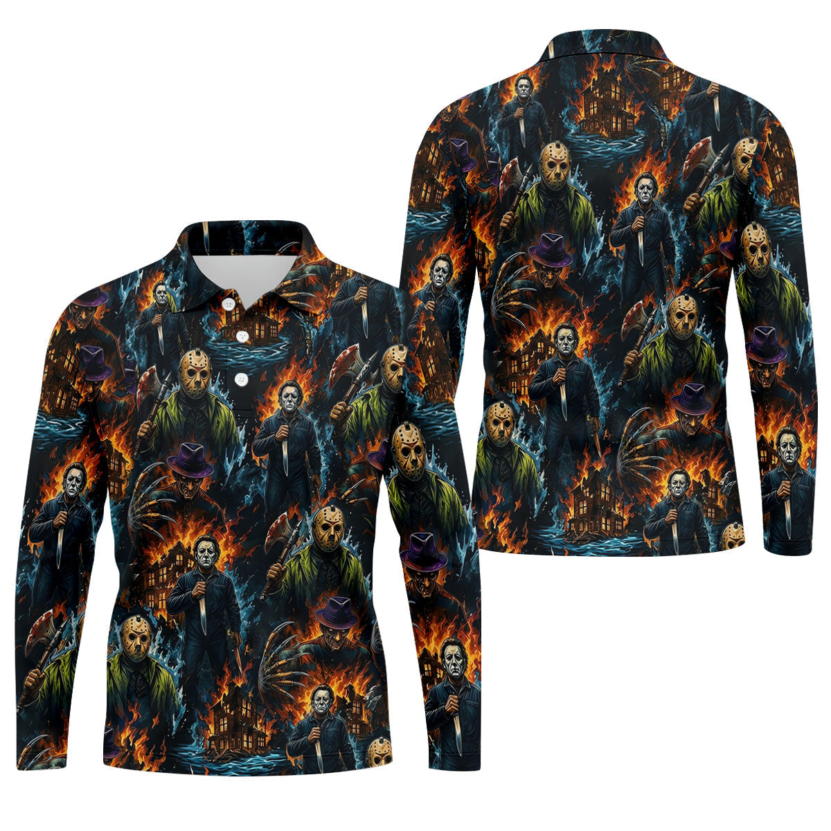 Horror Character Fire Collage Halloween Polo Shirt, Mens Golf Shirts, Mens Polo Shirts