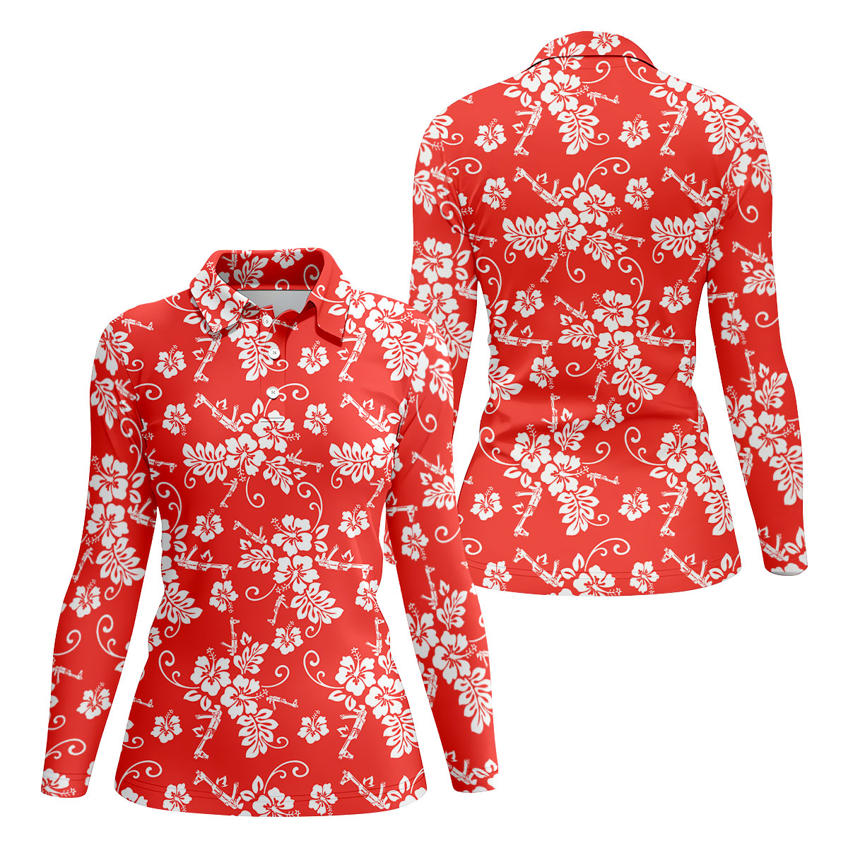 Tropical Flower Red Golf Shirt, Hawaiian Golf Shirt, Ladies Golf Tops, Golf Shirt For Women