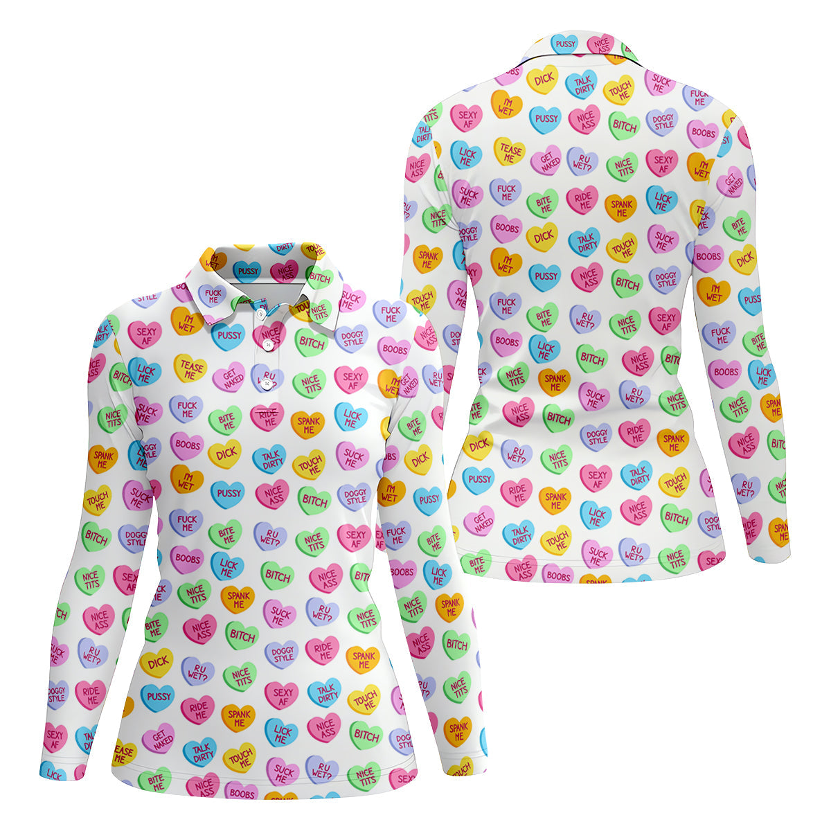 Naughty Conversation Hearts Fun Women's Golf Shirts, Valentines Golf Gift, Dirty Candy Heart  Ladies Golf Polos