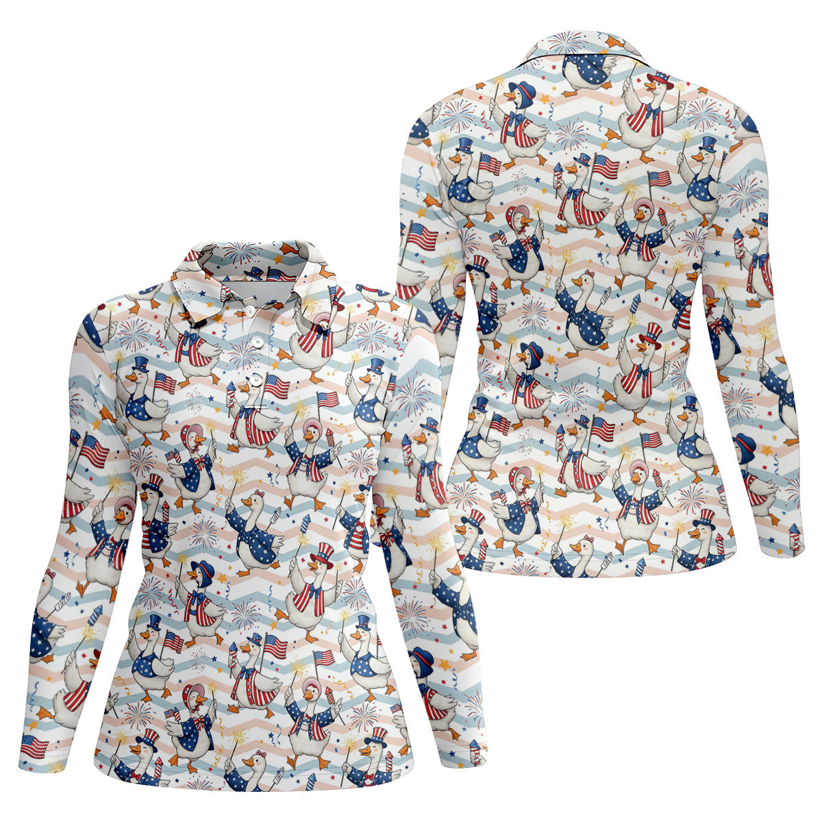 Patriotic Duck USA Flag Fireworks Polo Shirt, Womens Golf Polo, Golf Shirts For Women