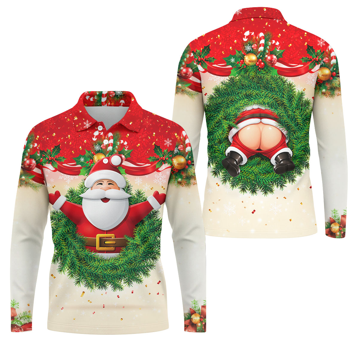 Festive Christmas Santa Wreath Golf Polo Shirt, Mens Golf Polo, Golf Shirts For Men