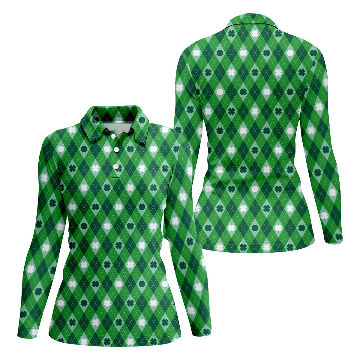 Green And White Lucky Four Leaf Clover Argyle Pattern St Patrick's Day Golf Shirt, Women's Golf Tops