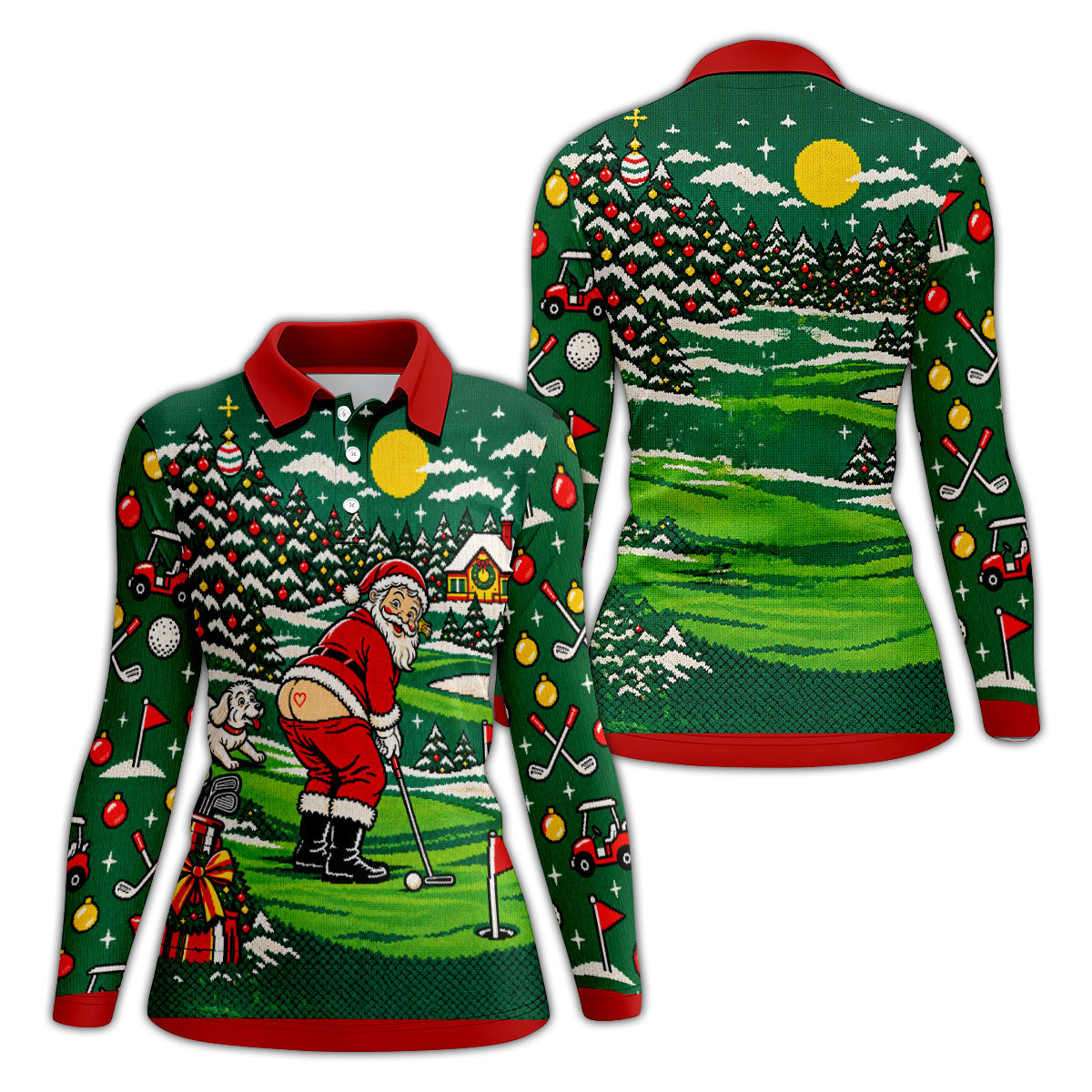 Funny Santa Mooning Dog Christmas Golf Shirt, Womens Golf Tops, Ladies Golf Shirts