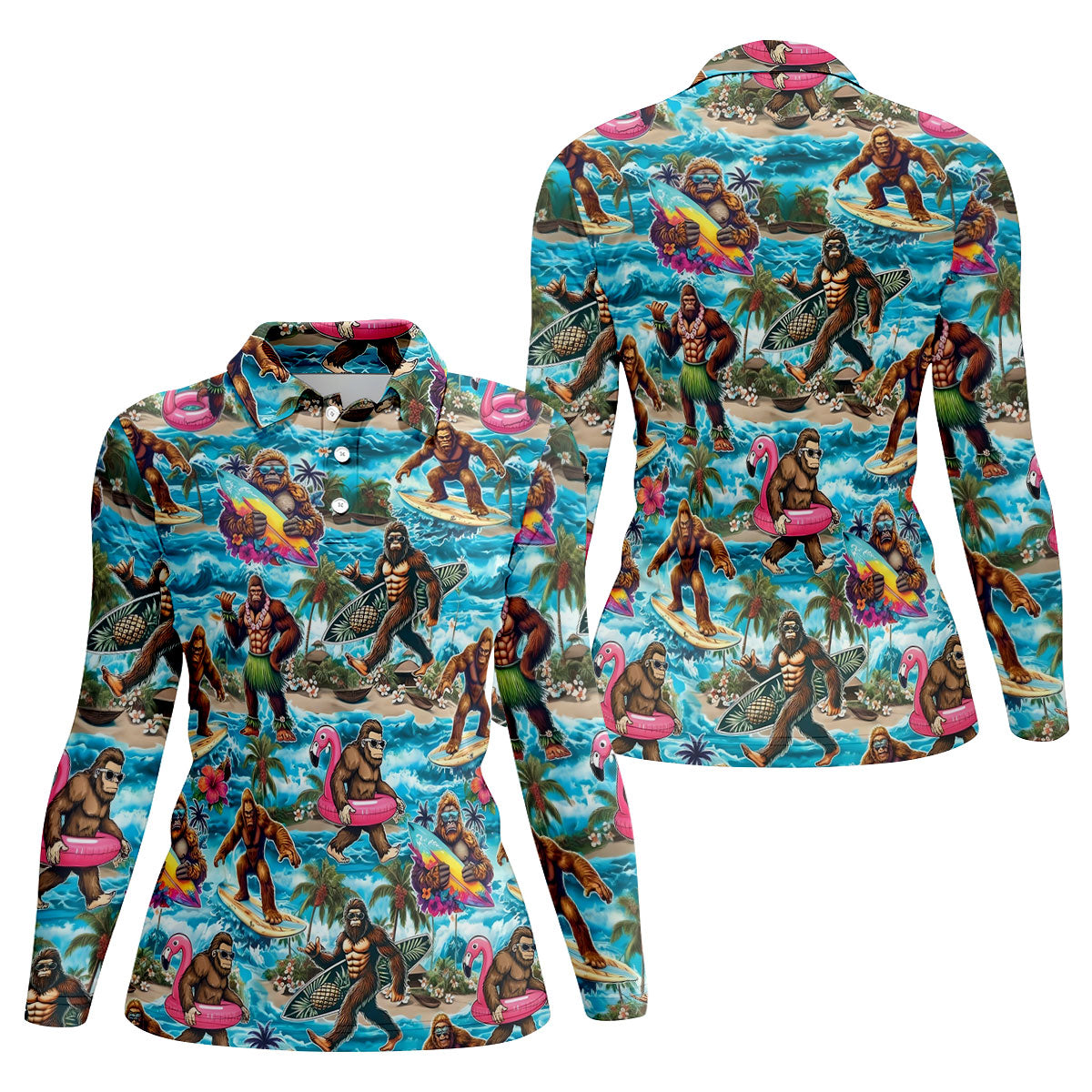 Funny Bigfoot Hawaiian Golf Shirt, Beach Theme Women's Golf Tops, Ladies Golf Shirts
