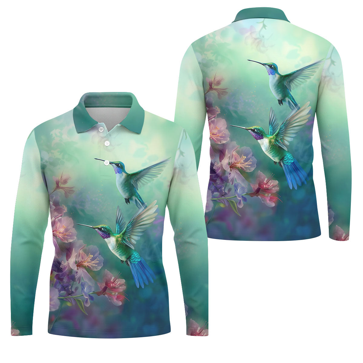 Hummingbird And Floral Garden Polo Shirt, Mens Golf Shirts, Golf Polo Shirts For Men