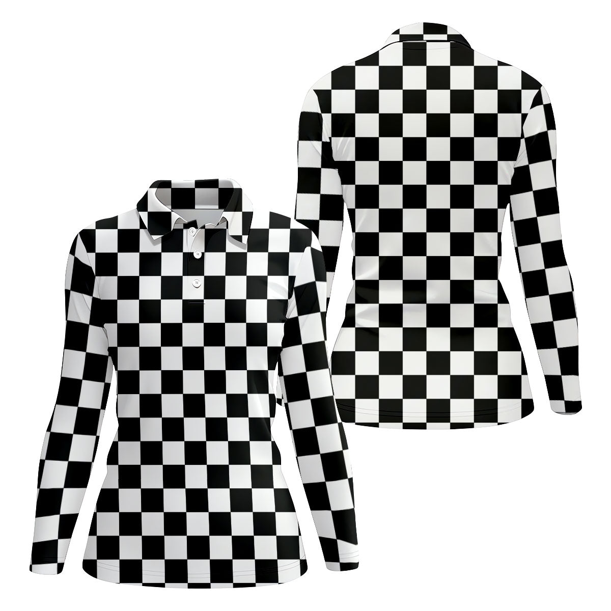 Black White Checkerboard Golf Shirt, Racing Flag Women's Golf Polo, Polo Shirts For Women