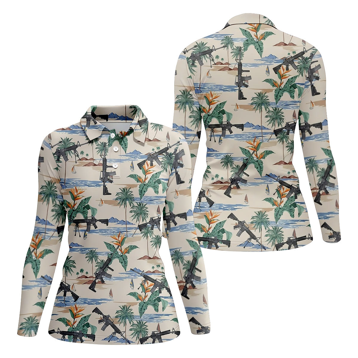 Hawaiian Palm Tree With Army Theme Women Golf Top, Ladies Golf Shirts, Golfing Apparel