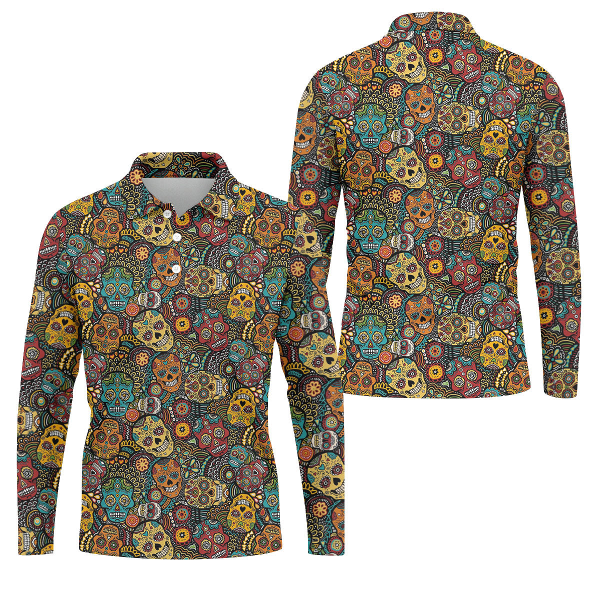 Colorful Sugar Skull Halloween Polo Shirt, Golf Shirts For Men, Golf Apparel For Men