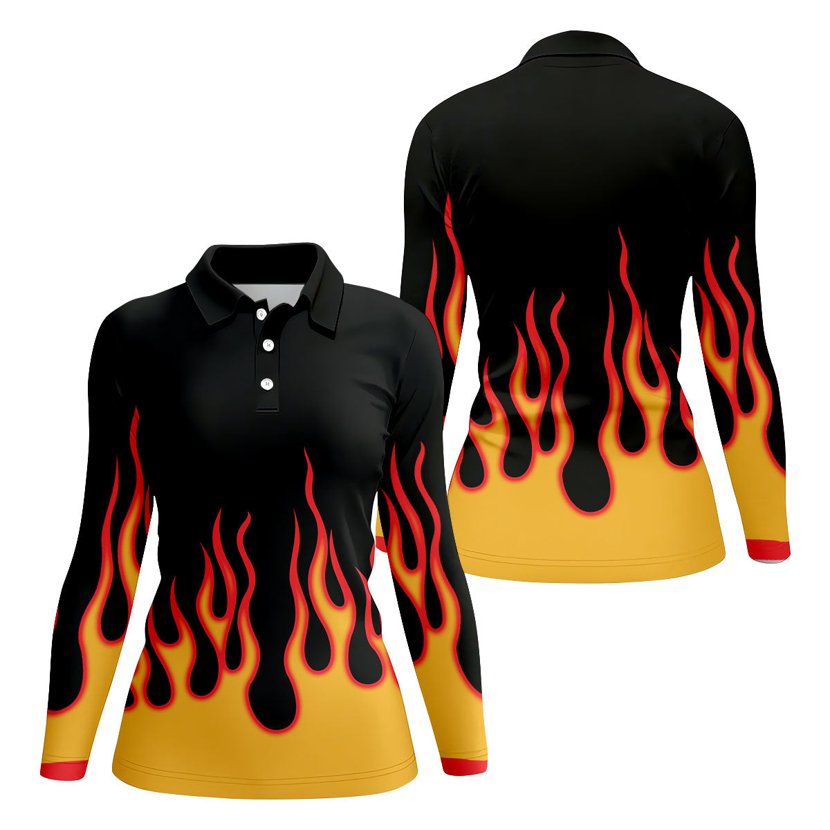 Retro Flame Fire Pattern Golf Shirt, Women's Golf Shirt, Hawaiian Golf Shirt