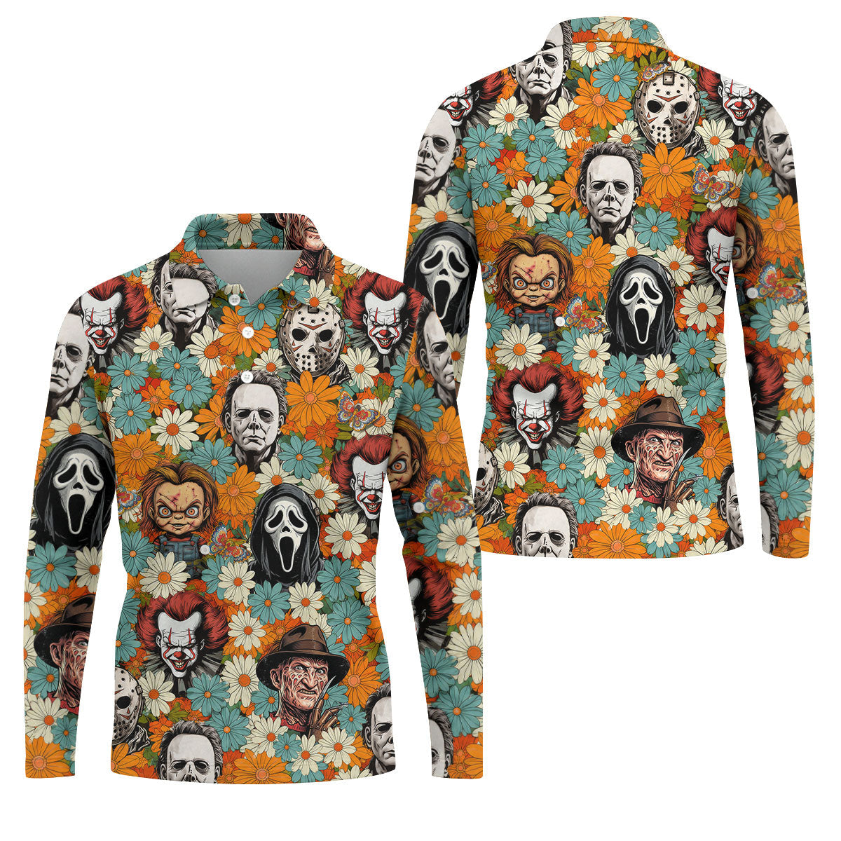 Floral Horror Character Halloween Golf Shirt, Mens Golf Apparel, Hawaiian Golf Shirt