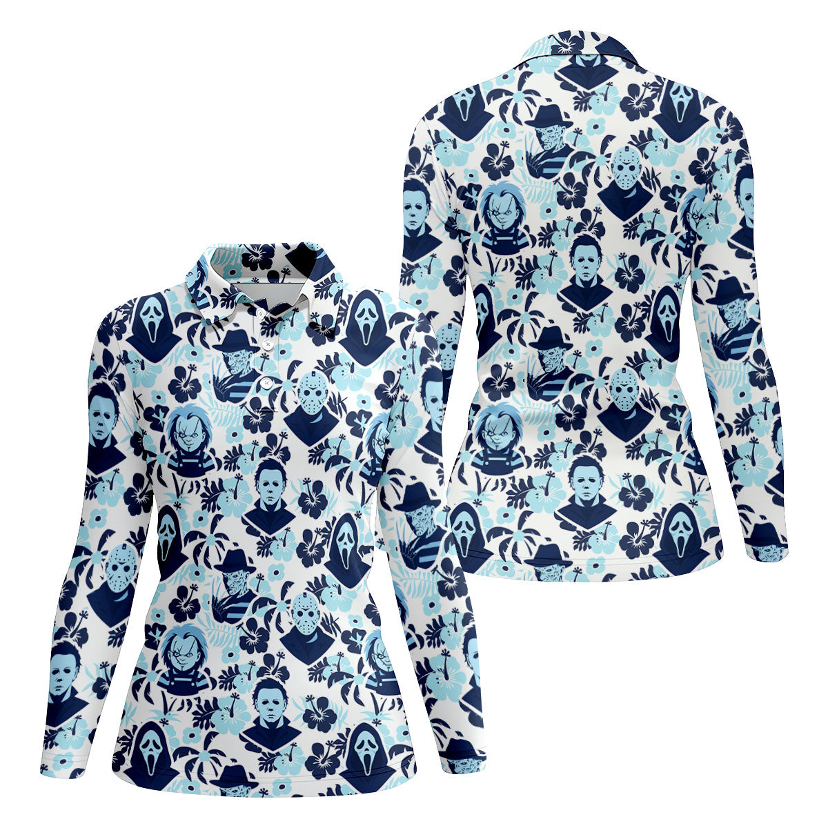 Blue Tropical Horror Character Halloween Golf Shirt, Women's Golf Apparel, Printed Golf Shirt