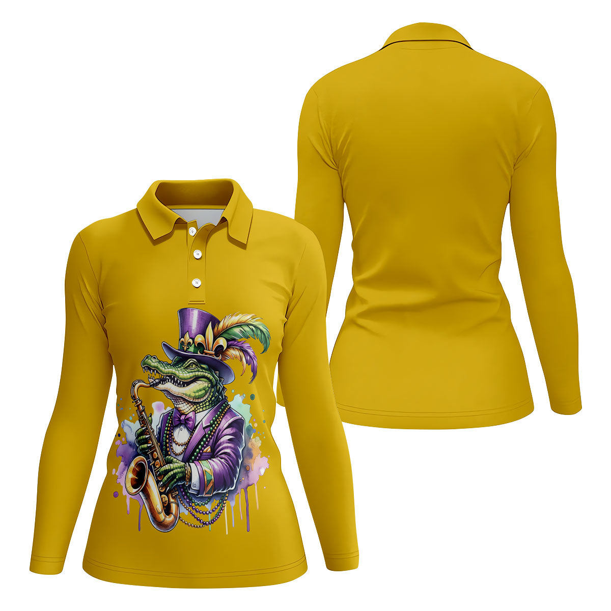 Mardi Gras Alligator Playing Saxophone Yellow Golf Shirt, Women's Golf Tops, Ladies Golf Shirt