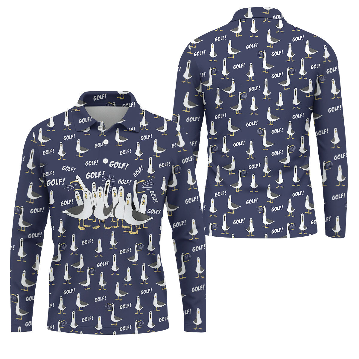 Funny Seagull Halloween Golf Shirt, Cartoon Bird Pattern, Mens Golf Apparel, Hawaiian Golf Shirt