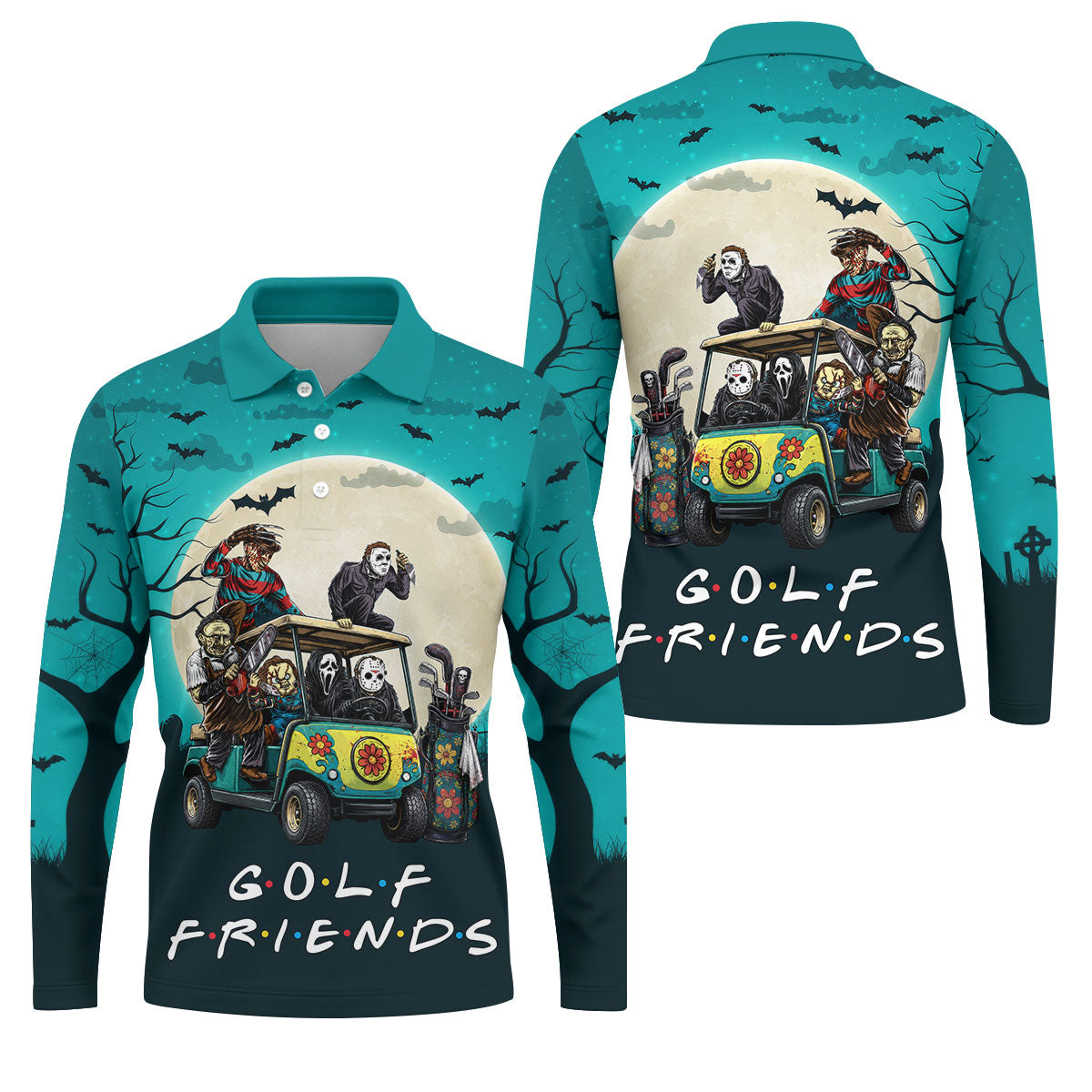 Horror Character Golf Cart Halloween Polo Shirt, Golf Shirts For Men, Halloween Shirt