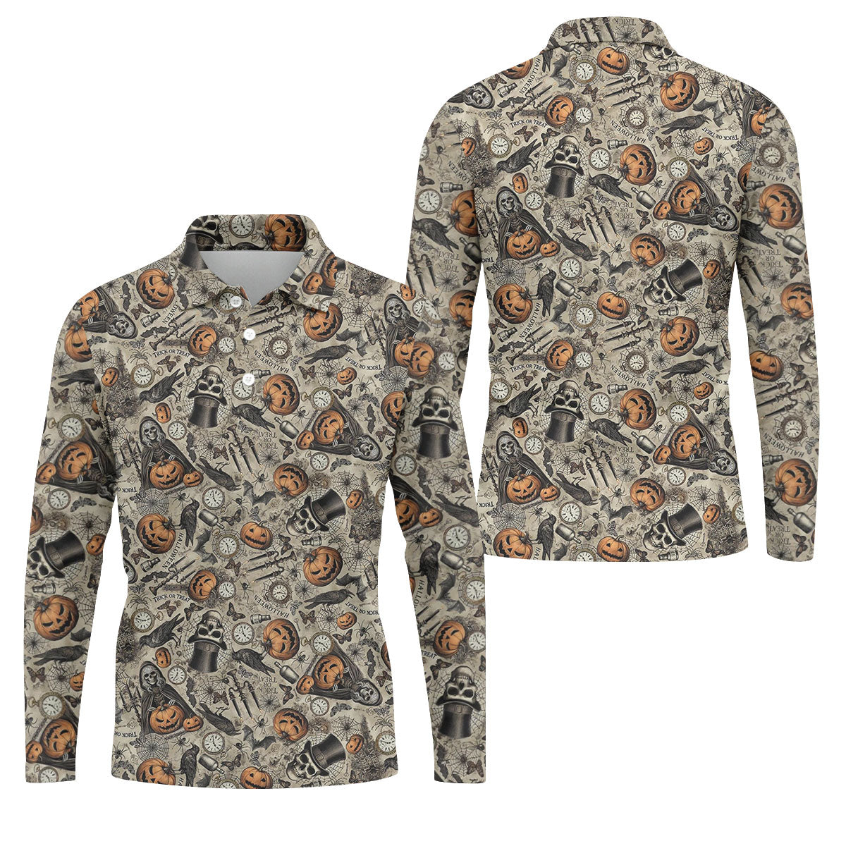 Vintage Pumpkin Skull Halloween Golf Shirt, Golf Shirts For Men, Golf Apparel For Men