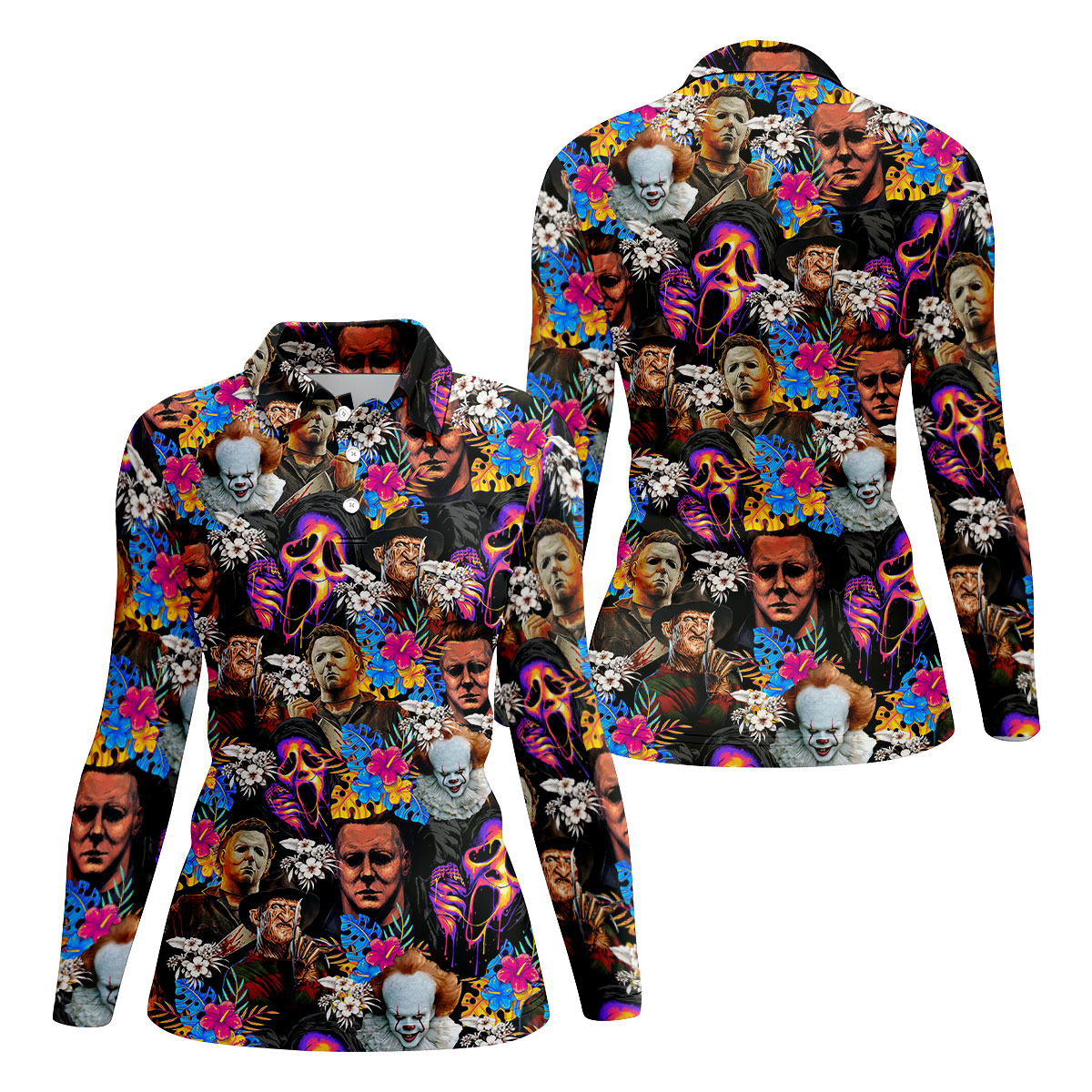 Tropical Horror Character Hawaiian Golf Shirt, Women's Golf Polo, Halloween Golf Shirt