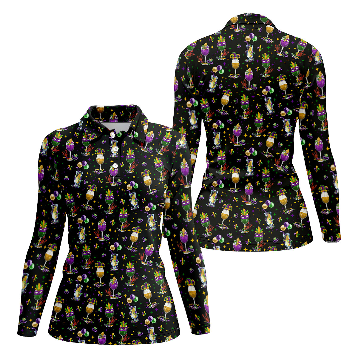 Mardi Gras Wine Glass Beaded Garland Fleur De Lis Black Golf Shirt, Women's Golf Tops, Ladies Golf Polos
