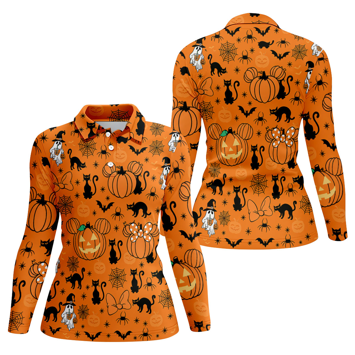 Black Cat and Pumpkin Halloween Polo Shirt, Golf Polo Apparel, Womens Golf Outfit