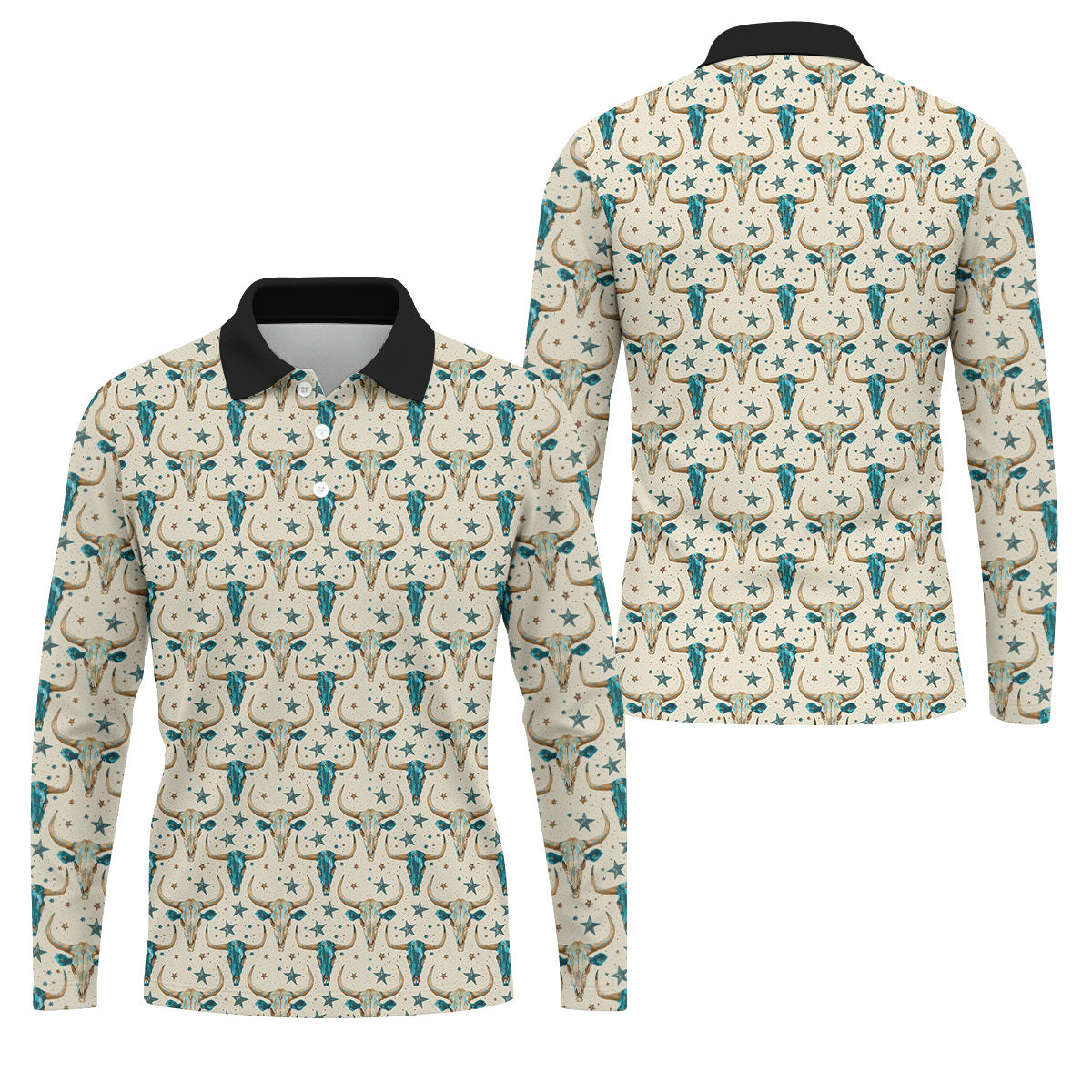 Cow Skulls Turquoise And Beige Western Theme Golf Tops For Men, Polo ShirtFor Men, Golf Shirts For Men