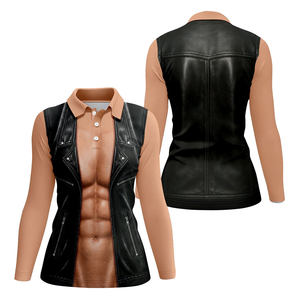 Black Leather Vest Illusion Golf Polo Shirt, Golf Shirts For Women, Women's Golf Polo