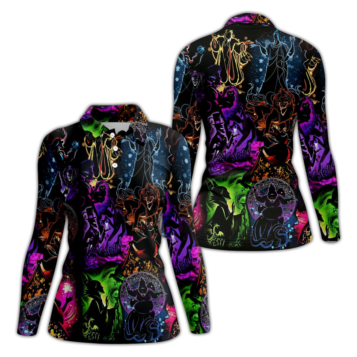 Neon Fantasy Villain Collage Halloween Polo Shirt, Golf Polo For Women, Ladies Golf Top