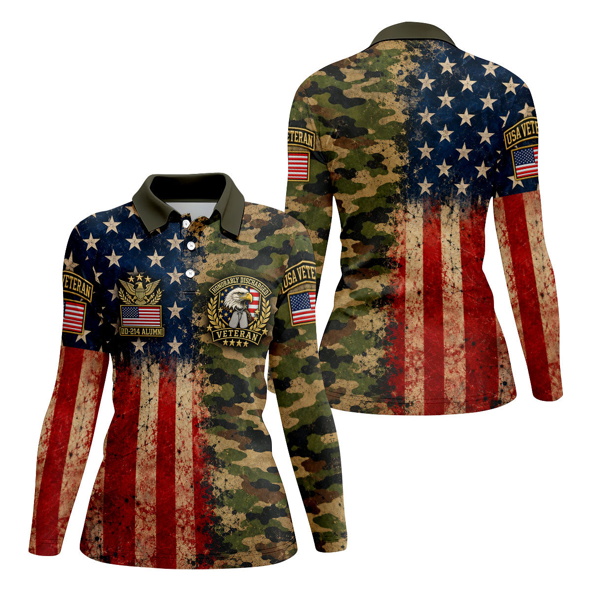 DD-214 Eagle Split USA Flag Camo Polo Shirt, Veterans Day Shirt, Golf Tops For Women