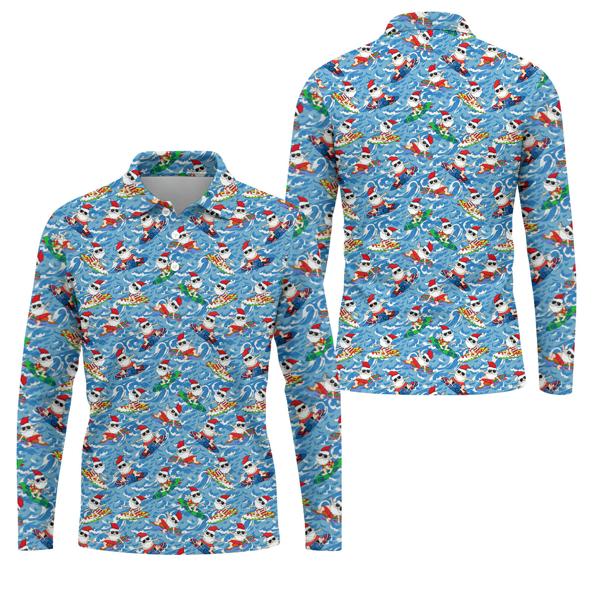 Surfing Santa Christmas Ocean Pattern Polo Shirt, Mens Golf Polo, Christmas Golf Shirt