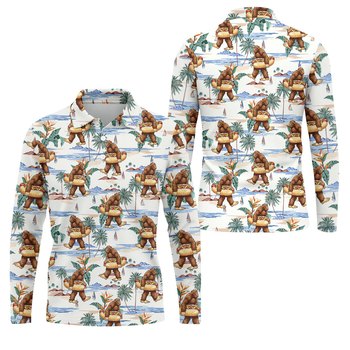 Funny Bigfoot Carrying Hot Dog Float Beach Golf Polo Shirt, Hawaiian Golf Shirt, Golf Apparel For Men