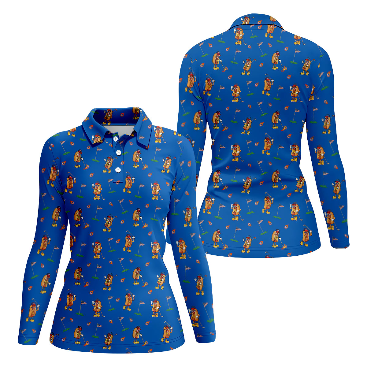 Cartoon Hot Dogs American Flag Pattern 250th Anniversary Blue Golf Shirt, Women's Golf Tops, Ladies Golf Shirt