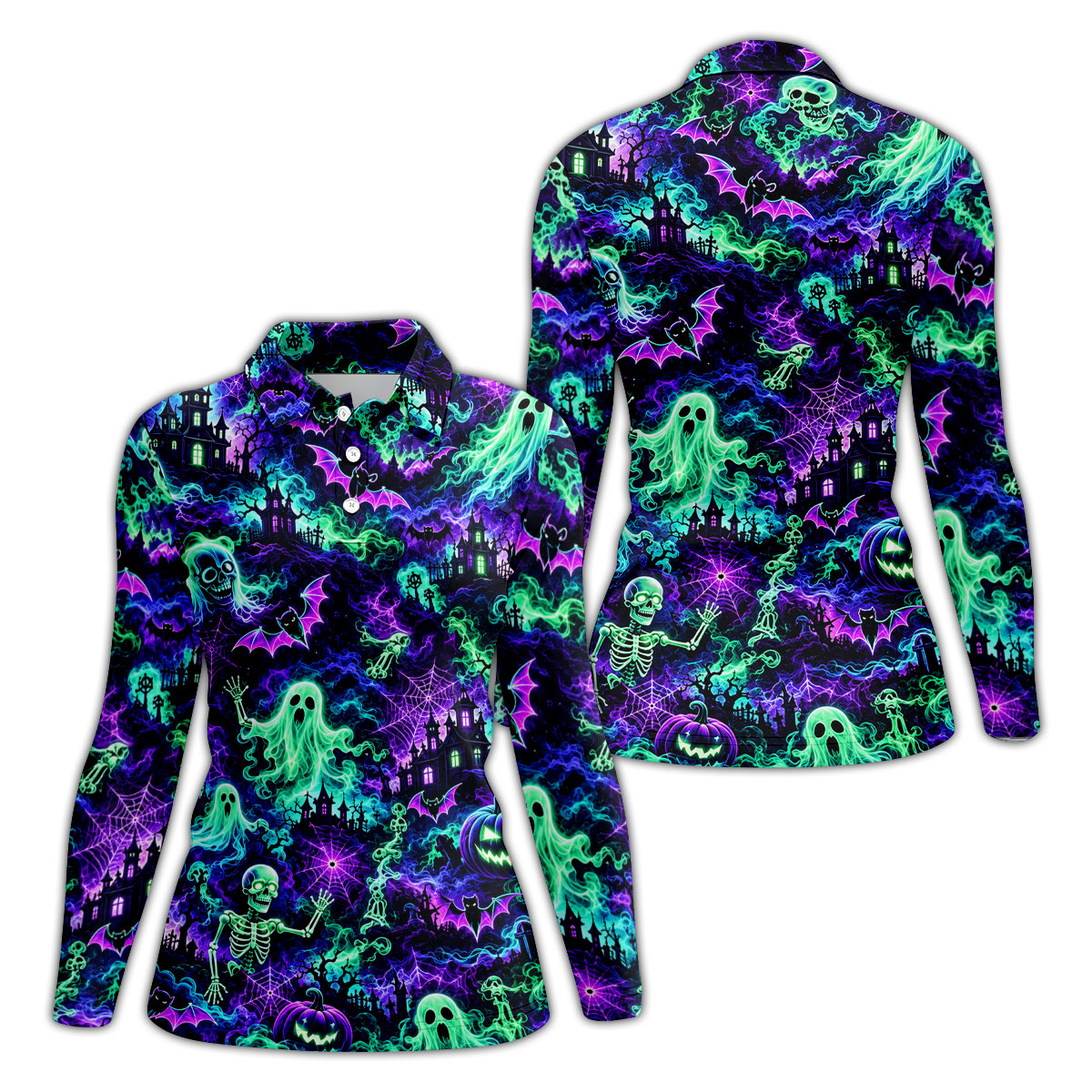 Neon Ghost Skeleton Halloween Horror Character Polo Shirt, Golf Shirt, Womens Golf Apparel