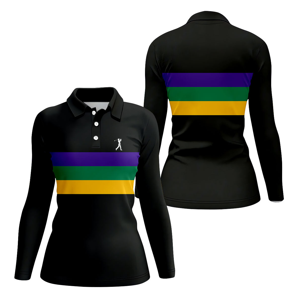 Mardi Gras Purple Green Gold Horizontal Stripes Black Golf Shirt, Women's Golf Shirts, Ladies Golf Polos