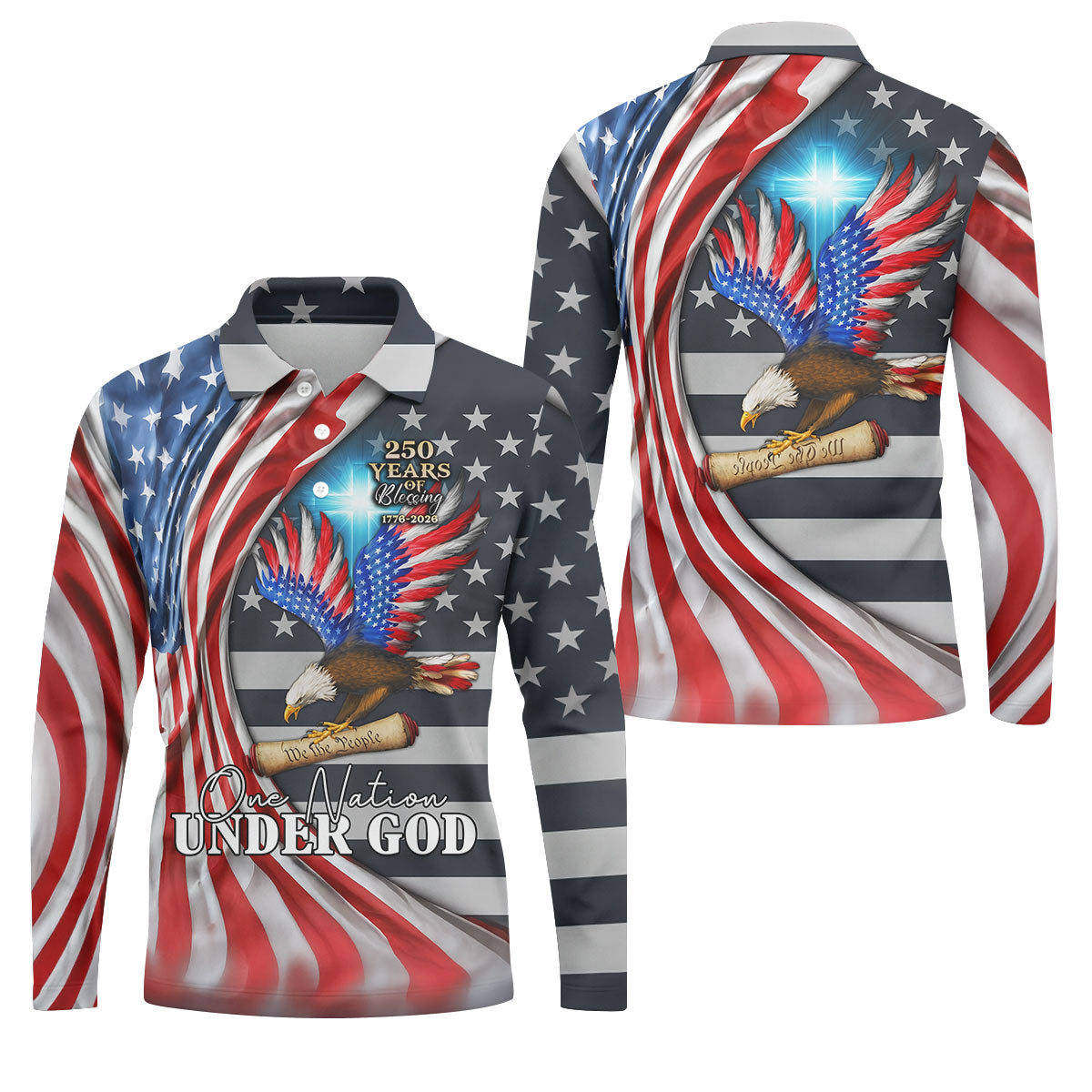 One Nation Under God 250 Years Of Blessing Golf Tops For Men, Patriotic Father's Day Golf Shirt