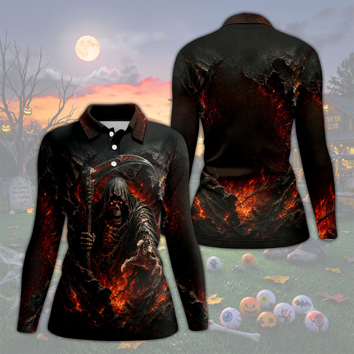 Halloween Grim Reaper Horror Character Polo Shirt, Womens Golf Tops, Hawaiian Golf Shirt