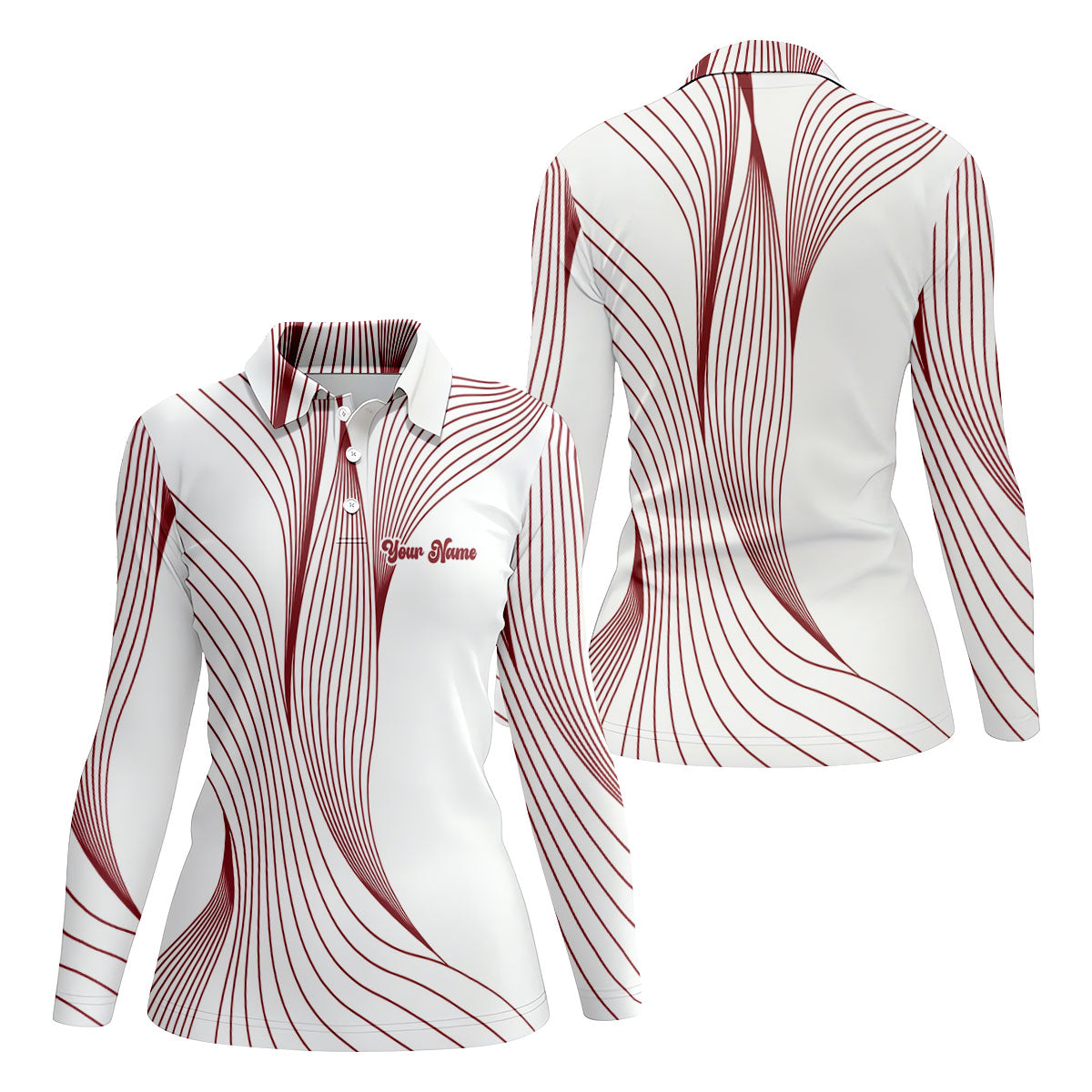 Geometric Line Wavy Line Red And White Custom Name Women's Golf Tops, Ladies Golf Shirts, Women's Polo Shirt