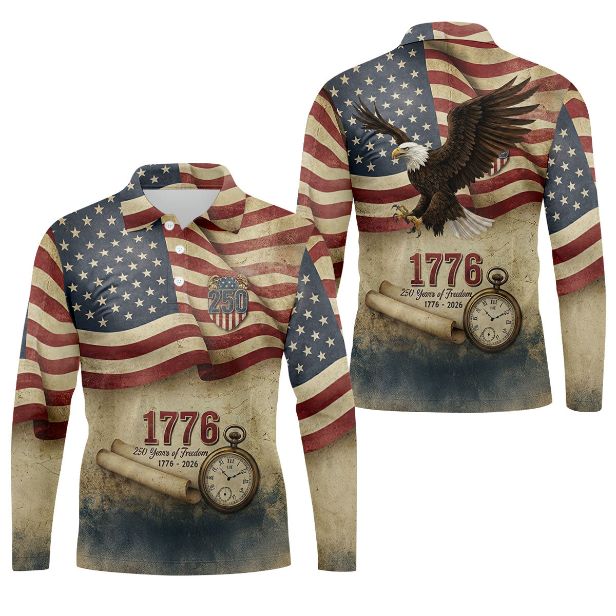 250 Years Of Freedom Vintage Golf Shirt, 4th Of July Patriotic Golf Shirts For Men