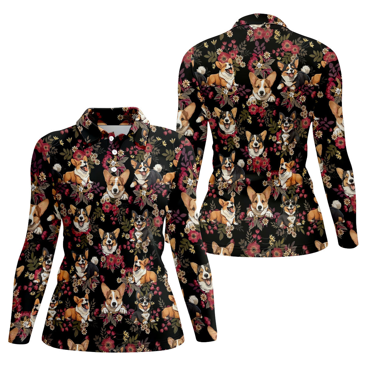 Cute Corgi Floral Hawaiian Pattern Polo Shirt, Womens Golf Polo, Funny Golf Shirt