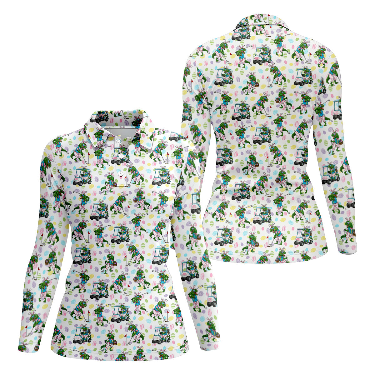 T-Rex Bunny Colorful Easter Egg Women Golf Top, Fun Women's Golf Shirts, Ladies Golf Shirts