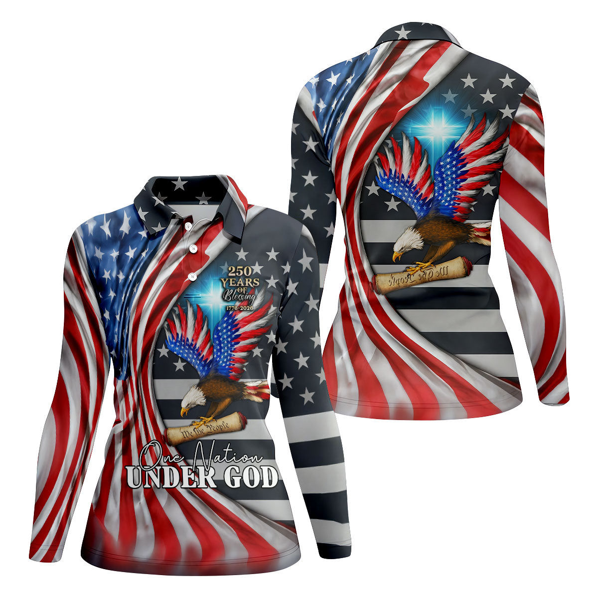 One Nation Under God 250 Years Of Blessing Patriotic Golf Shirt, 4th Of July Women's Golf Tops