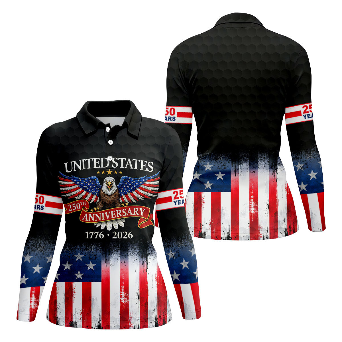 US Bald Eagle 250th Anniversary Celebration Ribbon Black Golf Shirt, Patriotic 4th Of July Golf Shirt For Women