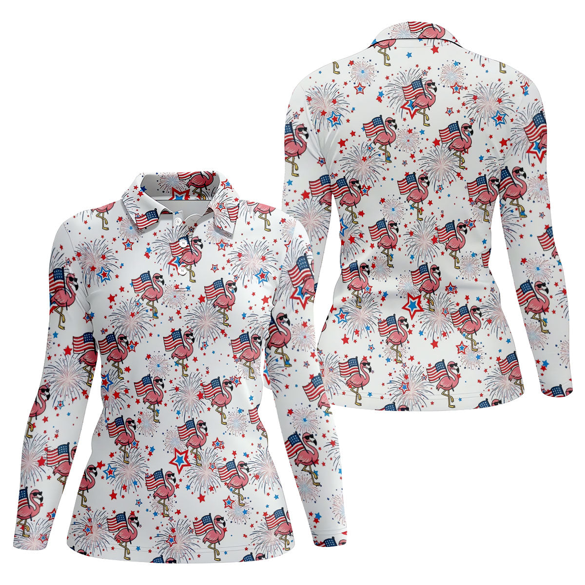 Patriotic Flamingo American Flag Polo Shirt, Womens Golf Polo, Golf Shirts For Women