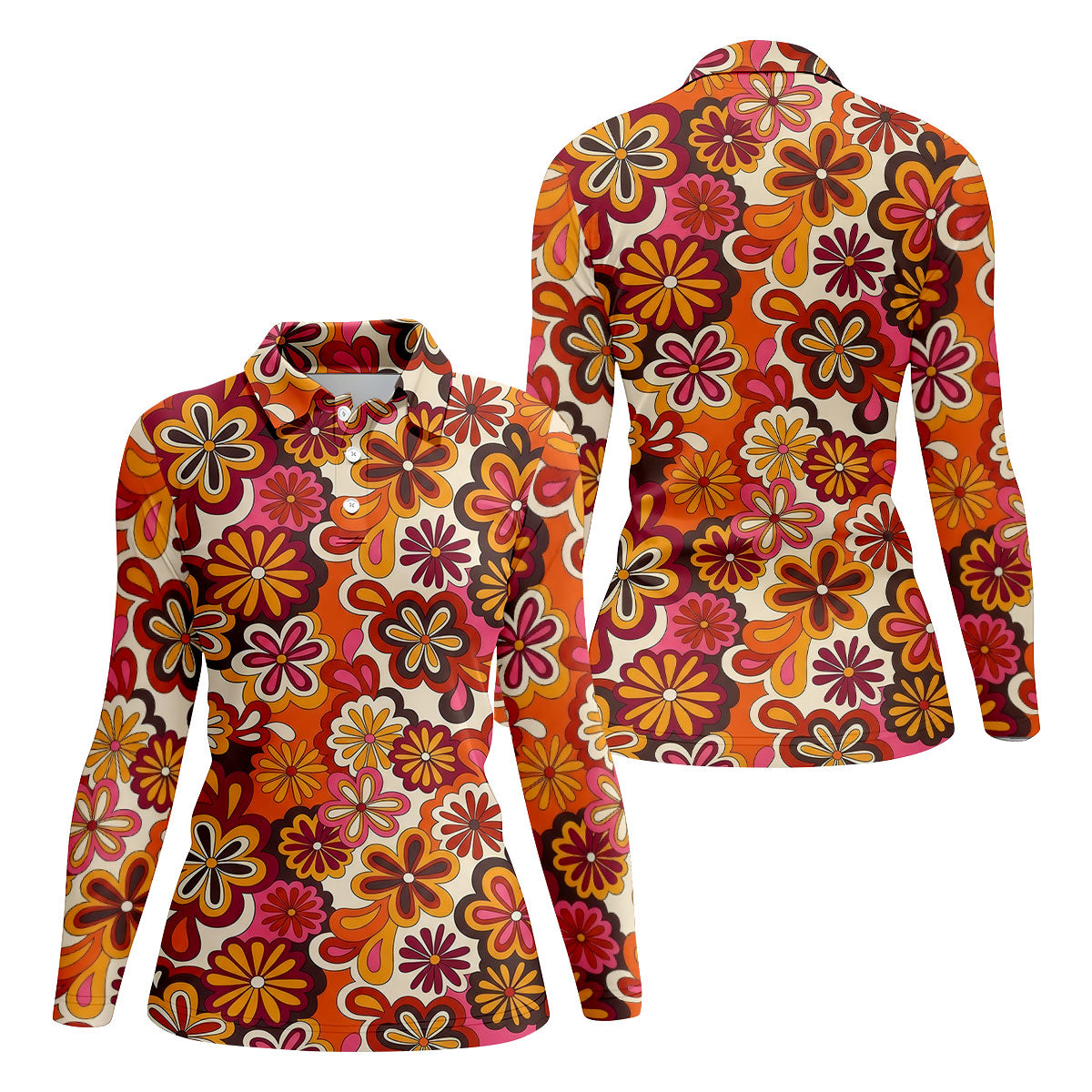 Retro Floral Pattern 70s Color Ladies Golf Tops, Retro Golf Shirt, Women's Golf Tops, Ladies Golf Shirt
