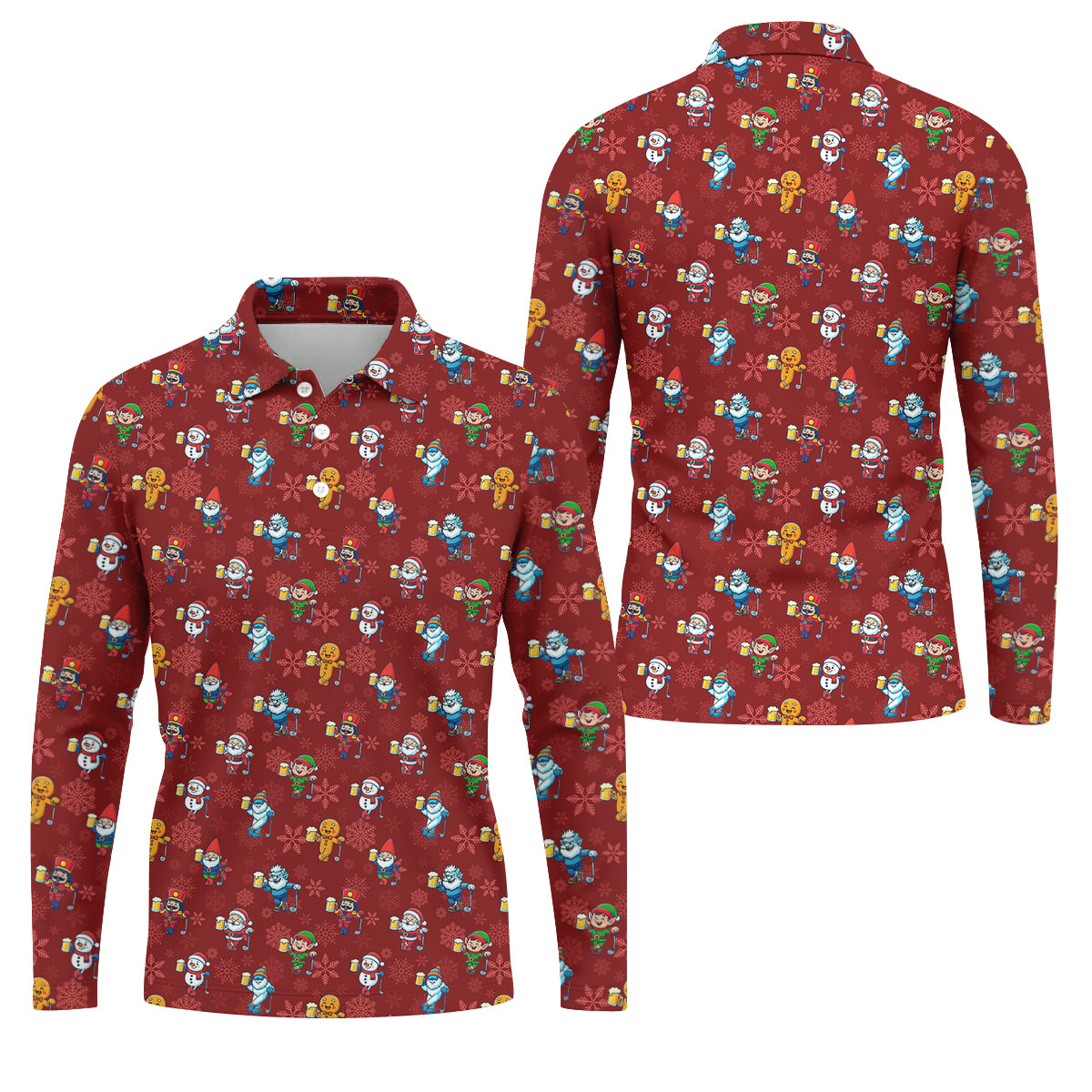 Christmas Characters Golf And Beer Red Men's Funny Golf Shirts, Christmas Golf Shirt, Polo Shirts For Men
