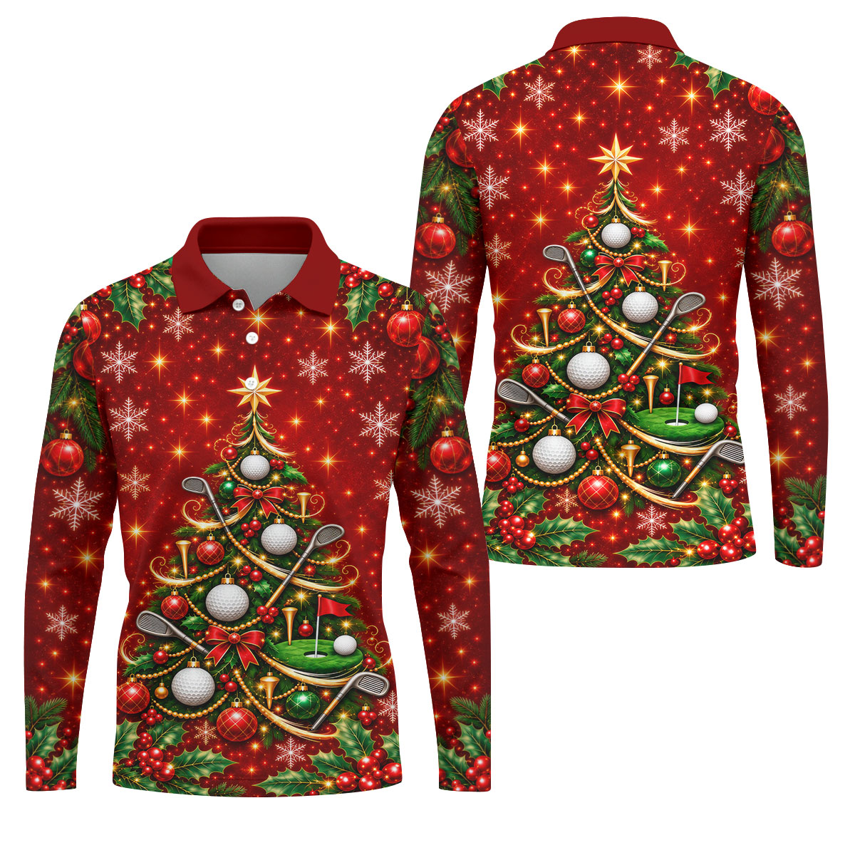 Golf Balls And Clubs Tree Christmas Golf Shirt, Mens Golf Polo, Golf Shirts For Men