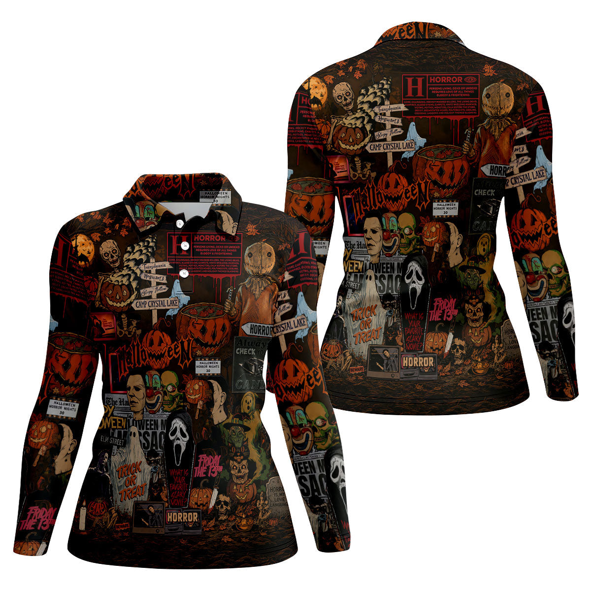 Horror Character Halloween Collage Golf Polo Shirt, Womens Golf Apparel, Ladies Golf Tops