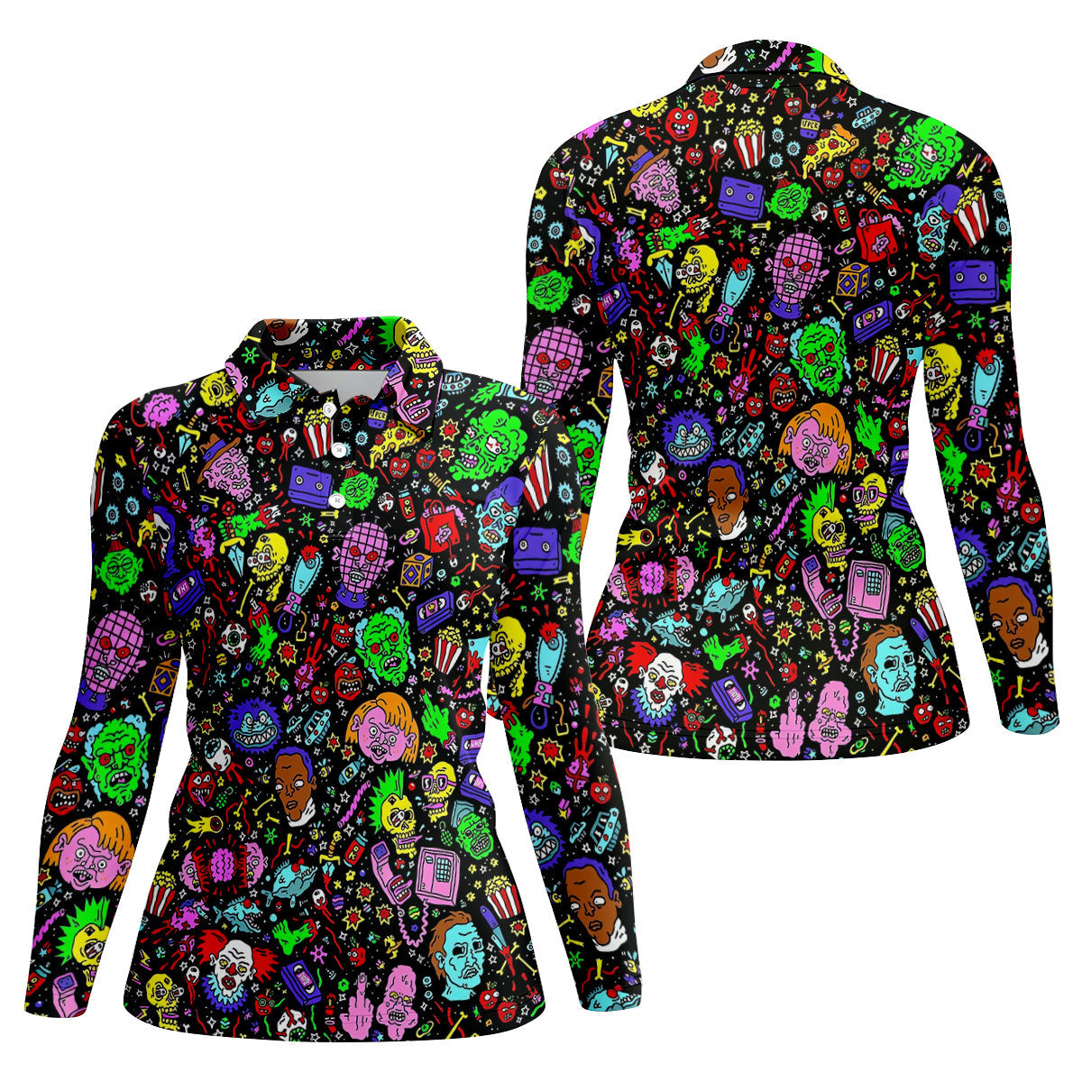 Halloween Horror Character Doodle Hawaiian Golf Shirt, Women's Golf Polo, Printed Golf Shirt