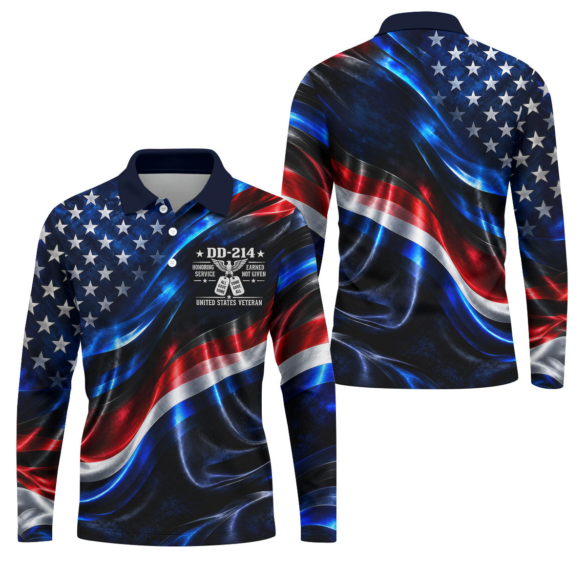 DD-214 Metallic USA Flag Golf Polo Shirt, Veterans Day Shirt, Golf Shirts For Men