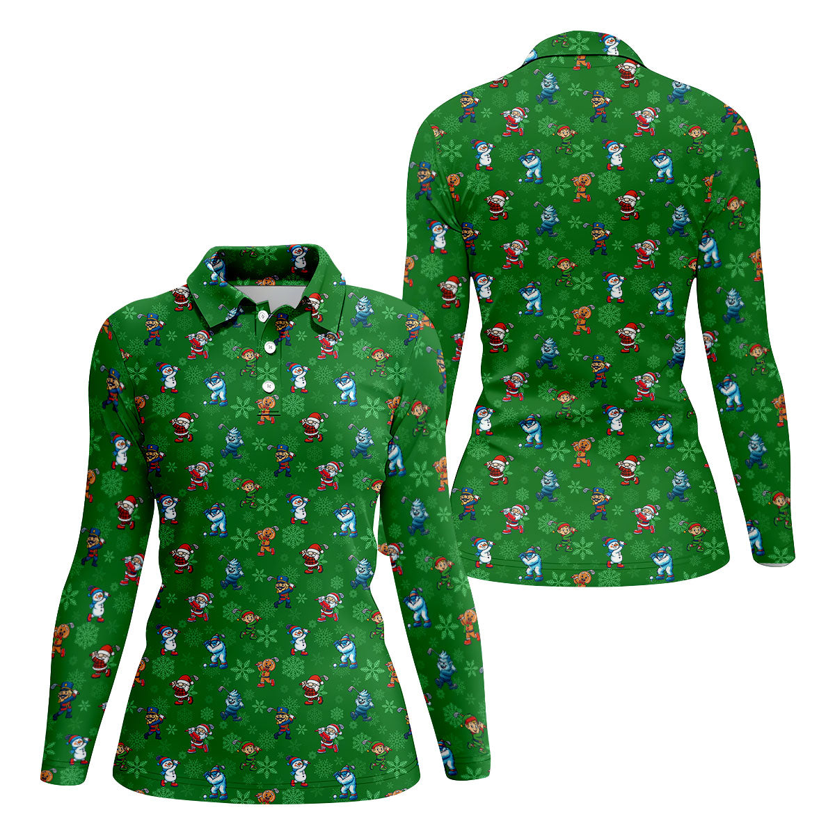 Funny Christmas Characters Golf Pose Green Golf Shirt, Christmas Golf Shirt, Ladies Golf Shirts, Women's Polo Shirt