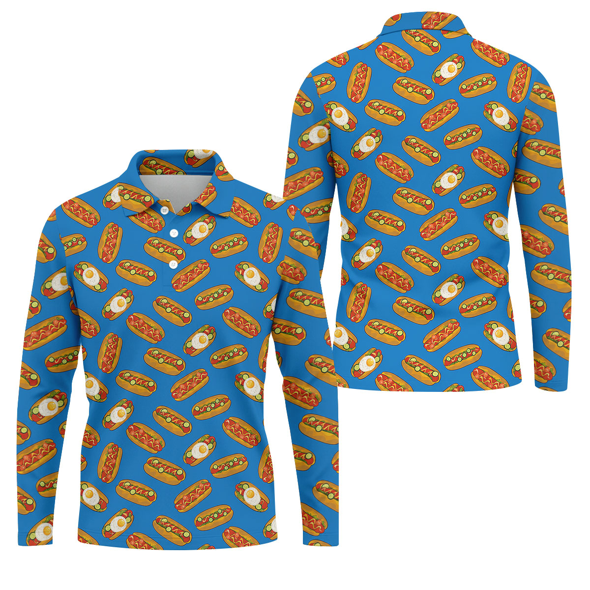 Blue Hot Dog And Fried Egg Pattern Golf Shirt, Hawaiian Golf Shirt, Mens Golf Shirts, Golf Apparel For Men