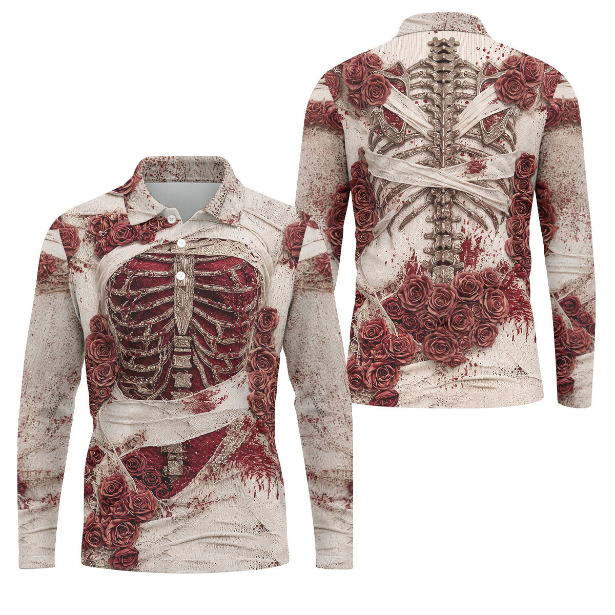 Bloody Skeleton Rose Halloween Polo Shirt, Polo Shirts For Men, Mens Golf Apparel