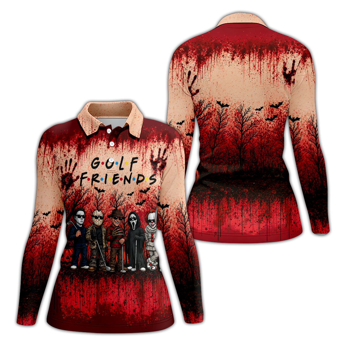 Golf Friends Halloween Horror Character Group Polo Shirt, Women's Golf Polo, Golf Apparel